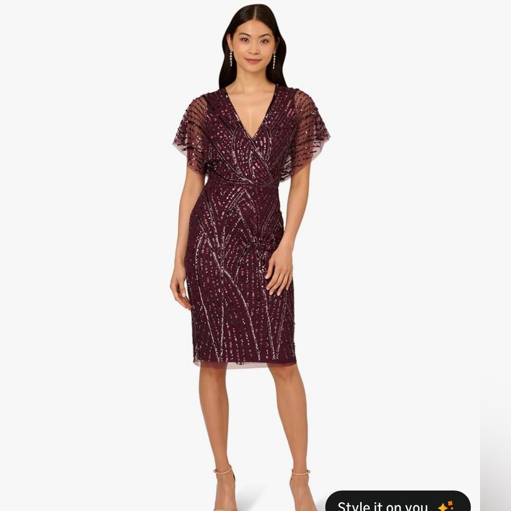 Adrianna Papell Plum Beaded Flutter-Sleeve Midi Dress
